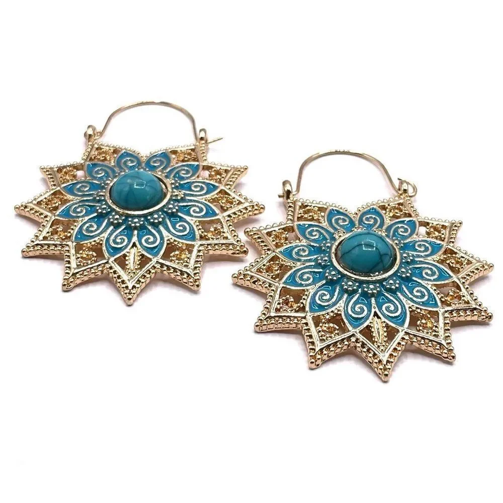 Yellow Gold with Turquoise and Blue Oil Drip Flower Drop Hinge Hook Earrings